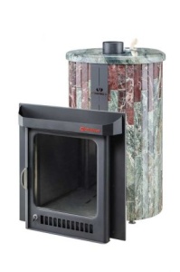 Печь-каменка ОПТИМА ПФ дверца со стеклом в ламелях ЖАДЕИТ + РОССО ЛЕВАНТЕ (28 м.куб)