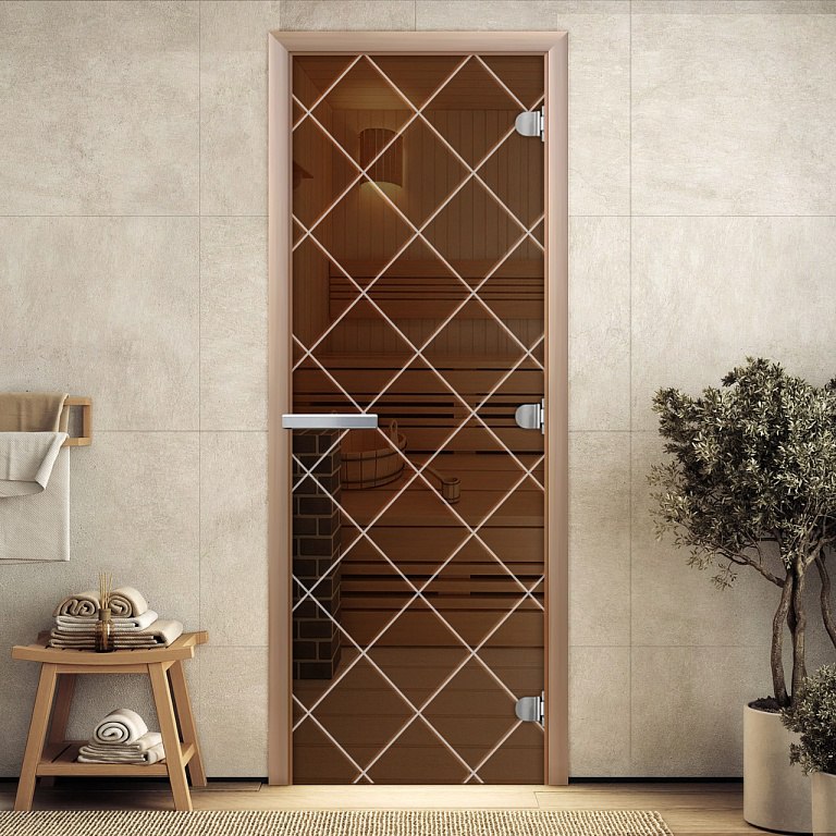 Дверь стеклянная МЕХИКО БРОНЗА С ГРАВИРОВКОЙ 700 х 1900 мм 3 петли, стекло 8 мм, коробка ОСИНА, магнит DoorWood