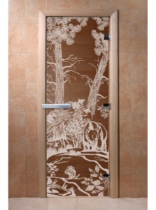 Дверь стеклянная МИШКИ В ЛЕСУ БРОНЗА 700 х 1900 мм 2 петли, стекло 6 мм, коробка ХВОЯ, магнит DW