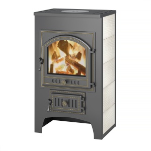 Печь-камин ВЕЗУВИЙ ПК-01 дверца 205 С ЧУГУННОЙ ПЛИТОЙ  бежевый 12 кВт (200 м.куб)  (2)