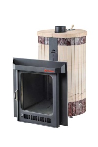 Печь-каменка МАЛЮТКА ПФ дверца со стеклом в ламелях РОССО ЛЕВАНТЕ + ОКАМЕНЕВШЕЕ ДЕРЕВО (18 м.куб)