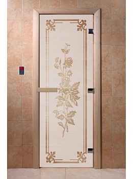 Дверь стеклянная РОЗЫ, САТИН МАТОВАЯ, 700х1900 мм, 3 петли, 8 мм, коробка ОСИНА, магнит, DoorWood